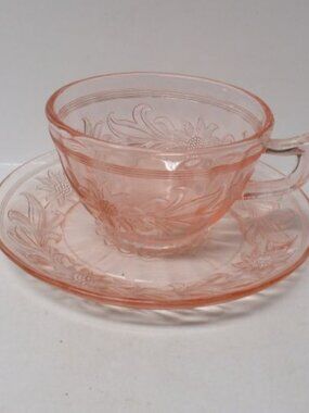 Jeannette Depression Glass Pink SUNFLOWER Tea or Coffee Cup and Saucer